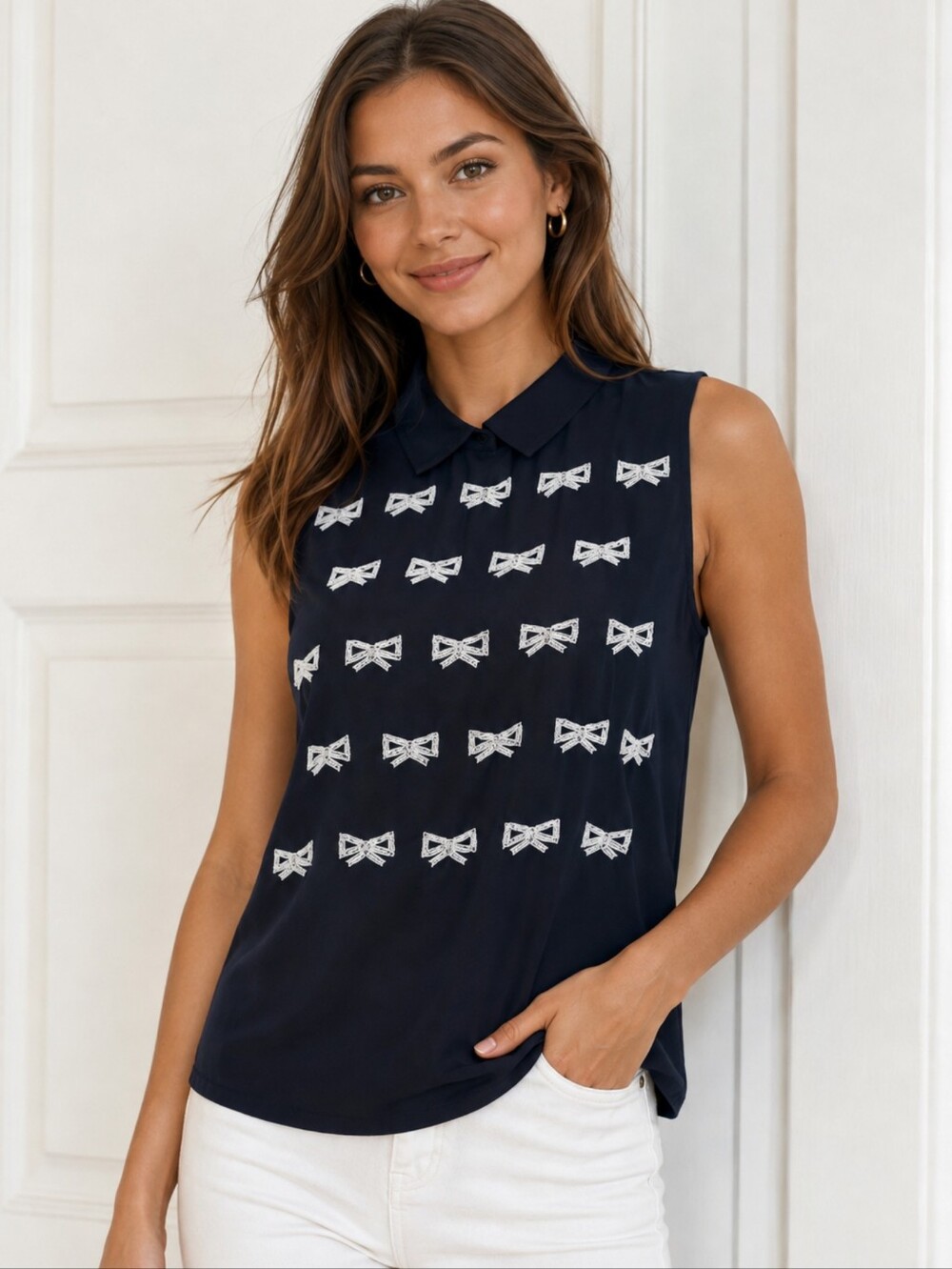 Draper James Silk Bow Beaded Top